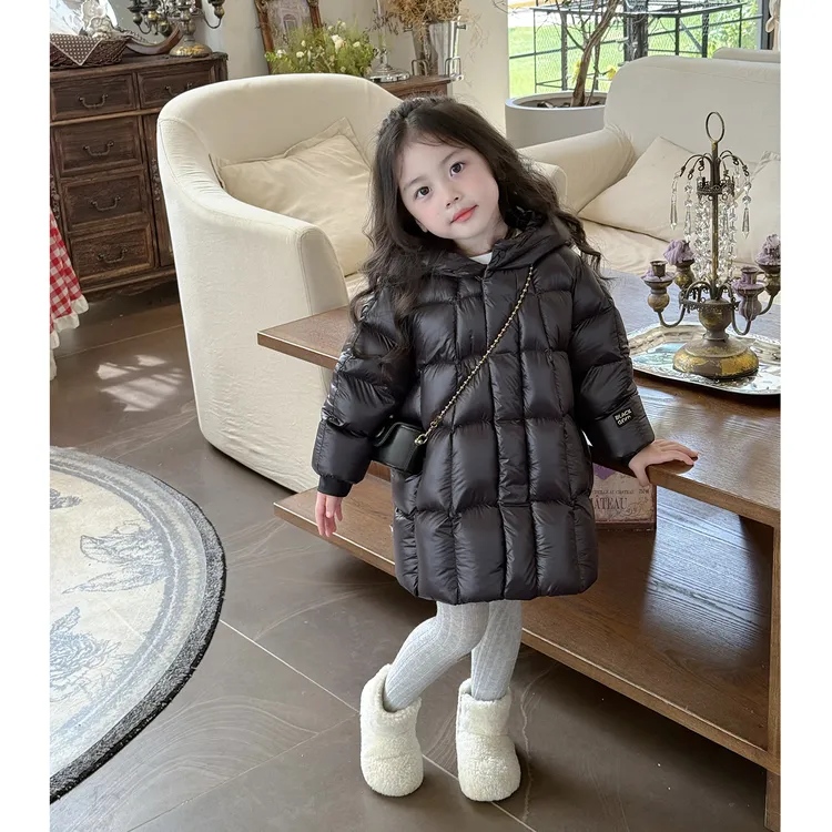 壹妈韩版童装女童羽绒服秋冬洋气儿童女孩中长款保暖黑色连帽外套