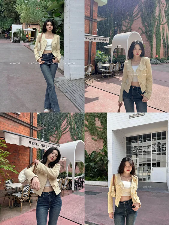 XIAOYIZI 黄色v领重工编织小香外套女短款修身单排扣粗花呢上衣
