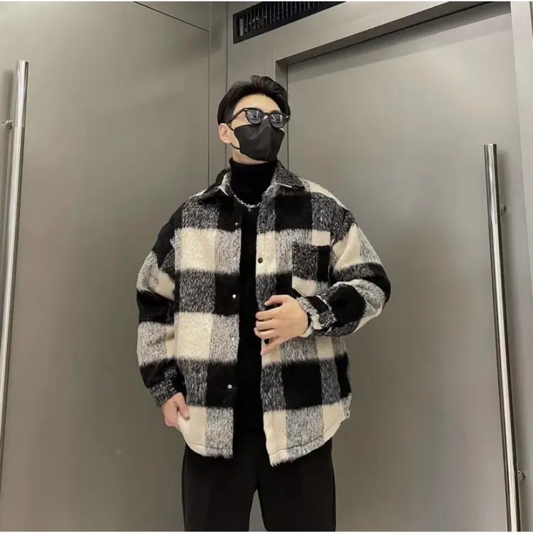 冬季宽松格子小香风棉服外套男潮牌时尚韩版加棉衬衫情侣保暖棉衣