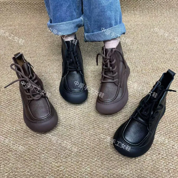 2002-1系带前系带圆头复古休闲平底皮靴厚底舒适百搭女靴