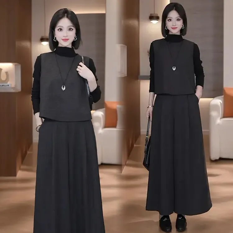 拉夏贝尔时尚套装女2025秋季新款显瘦长袖上衣马甲阔腿裤三件套潮