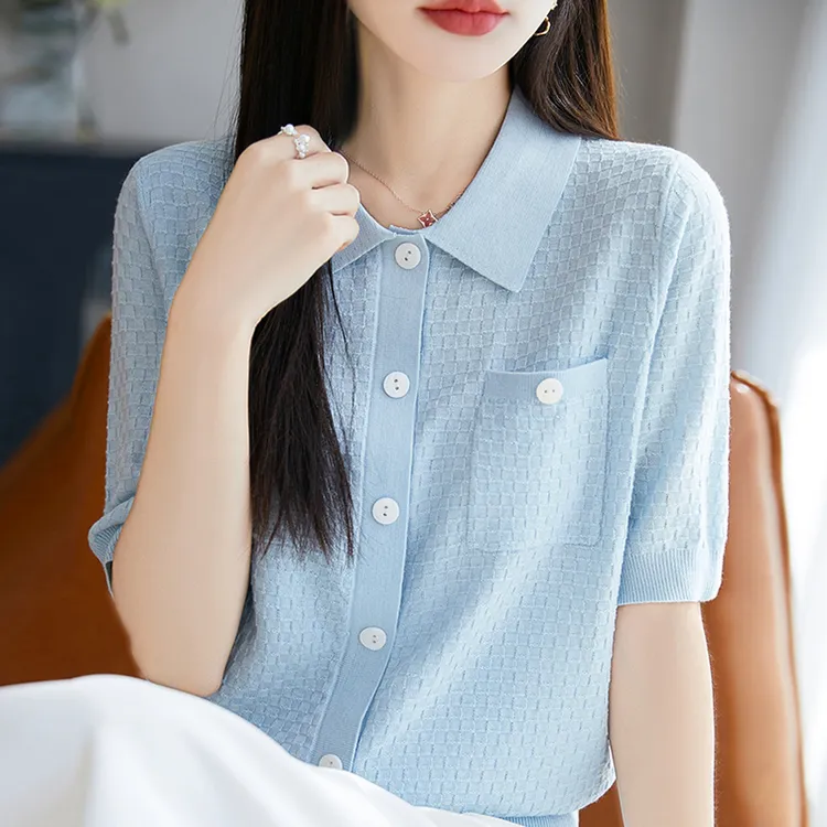 翻领格纹短袖t恤女夏季2025新款打底衫洋气大码女装冰丝针织上衣
