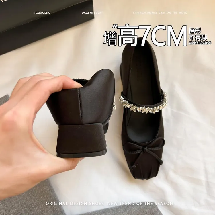 羊皮版内增高7cm水钻一字带女鞋春秋新款蝴蝶结芭蕾舞玛丽珍单鞋