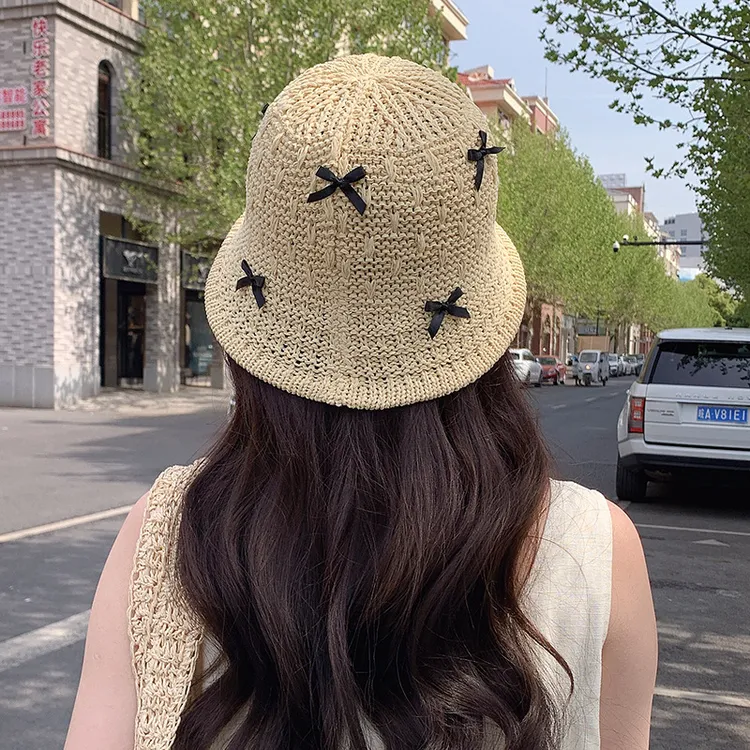 韩国东大门蝴蝶结草帽子女日系甜美渔夫帽夏季户外出游海边防晒帽