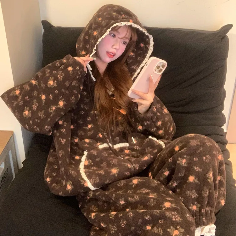 睡衣女冬季法兰绒碎花韩版宽松小众高颜值公主风爆款家居服套装