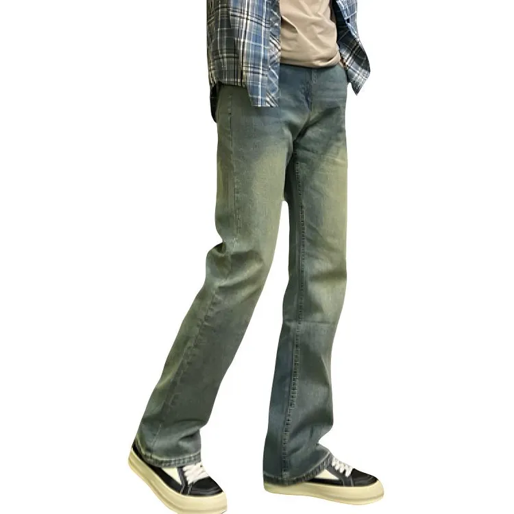 2025新款美式高街复古蓝牛仔裤早秋季直筒微喇显瘦修身弹力长裤