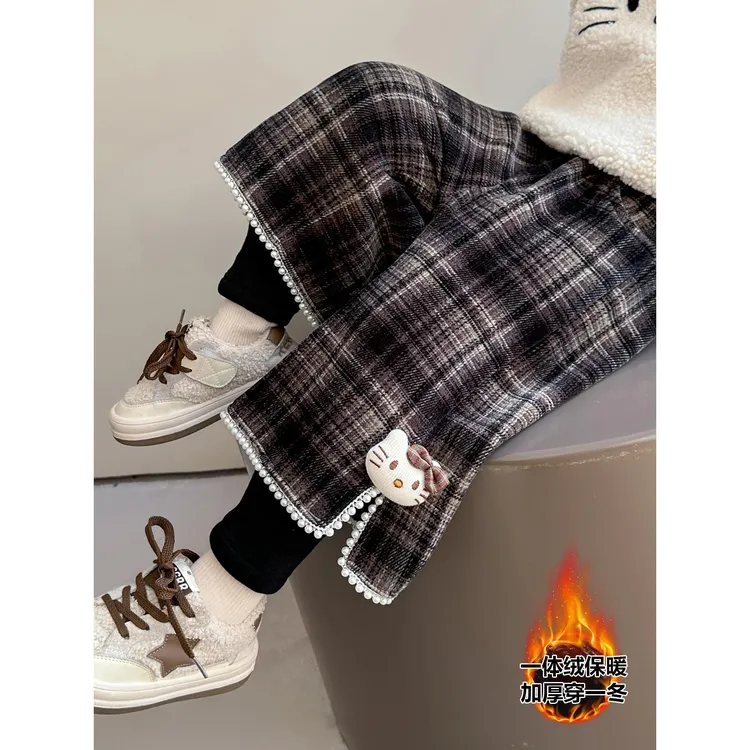 女童加绒裤子秋冬款2025新款儿童加厚一体绒假两件宝宝冬季休闲裤