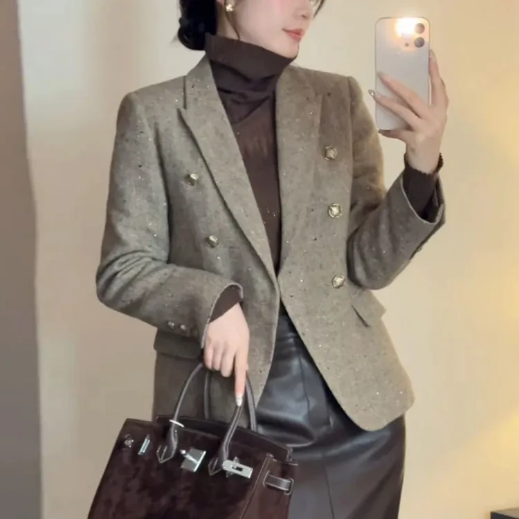 【WENZO】软风~秋冬设计感含羊毛双排扣枪驳领加棉西装外套