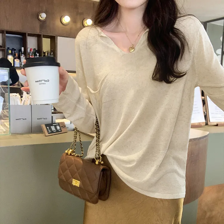 韩系宽松独特超好看V领长袖内搭打底衫女春秋季2025年新款T恤上衣
