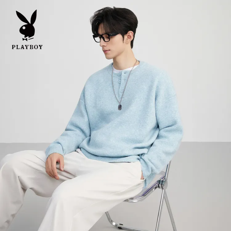 花花公子纯色亨利领毛衣休闲宽松套头上衣毛衫