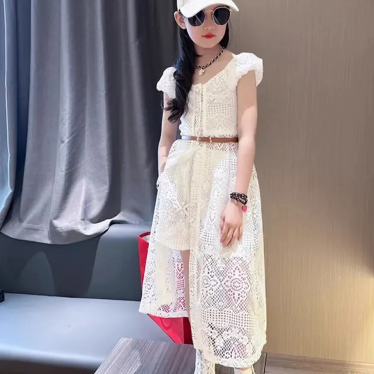 巴拉【商场同款】女童三件套2025夏款镂空开衫披肩短裤收腰白色休