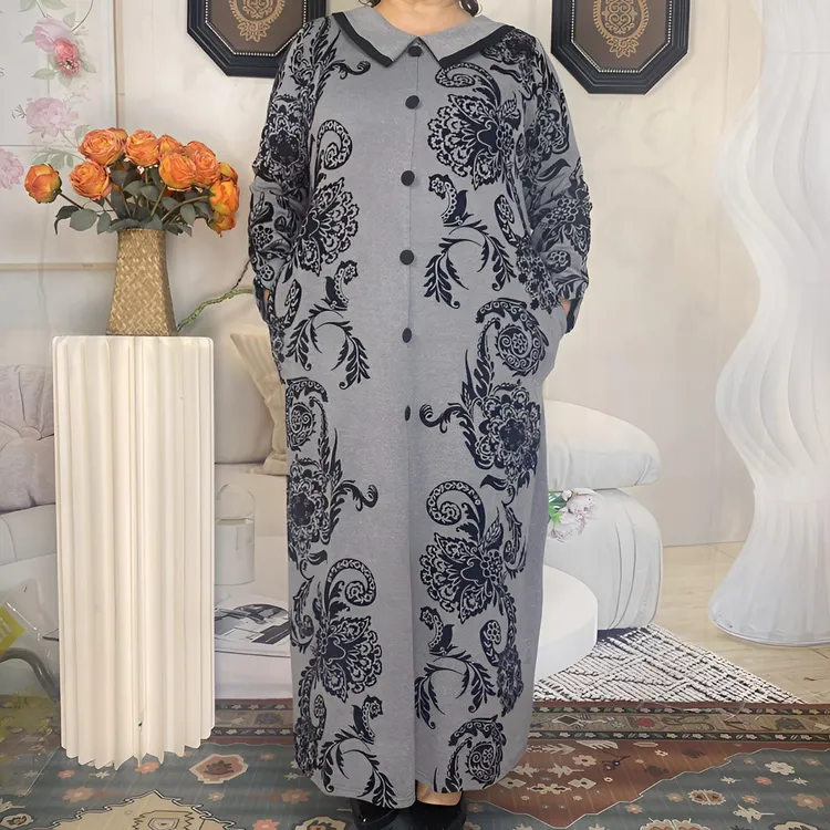 针织厚款印花修身型长款民族风气质连衣裙