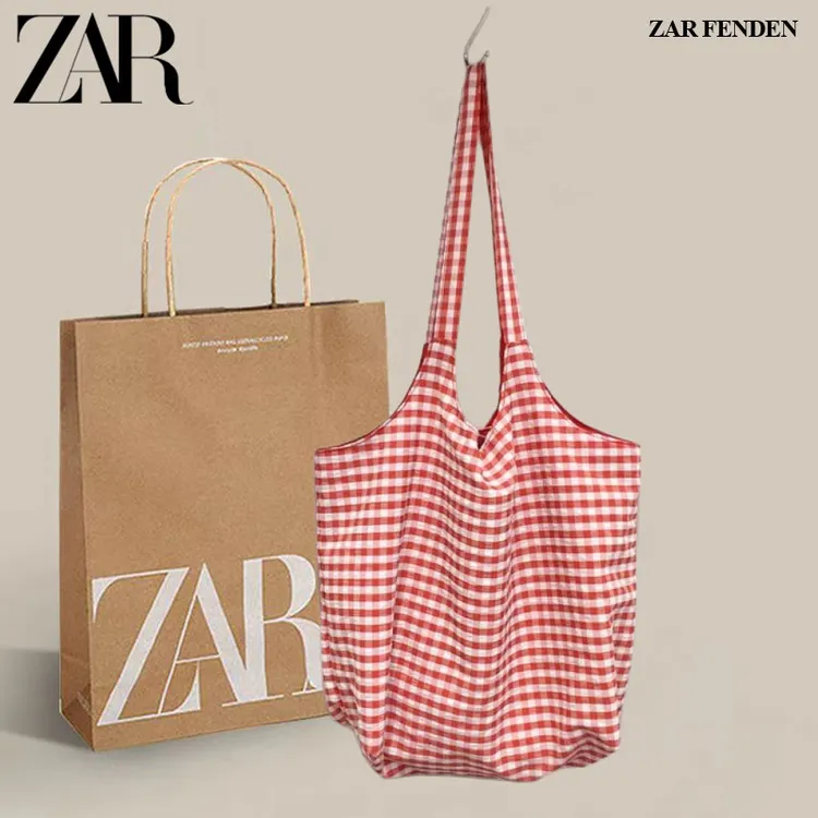 ZAR FENDEN韩国ins波点格子帆布购物袋轻便夏季大容量单肩托特包