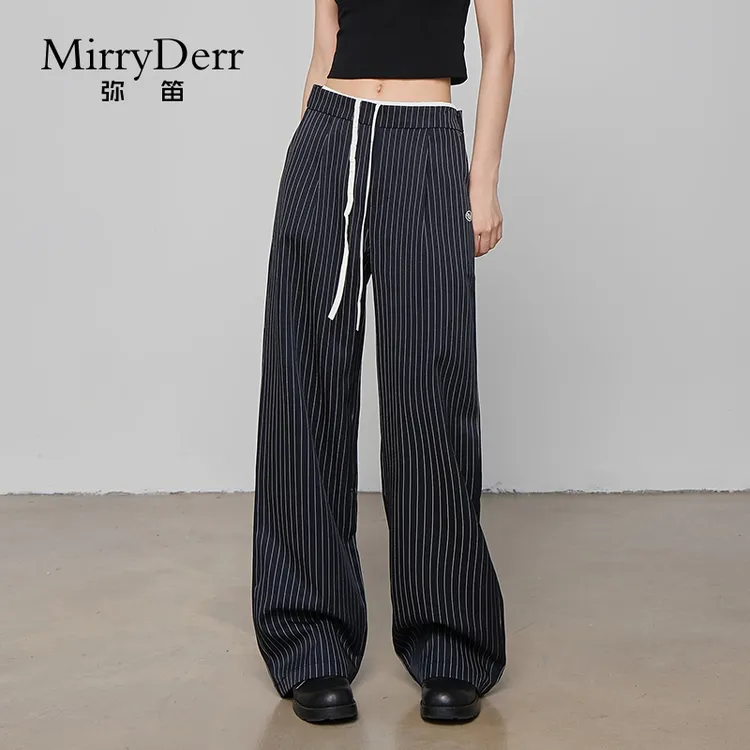 MirryDerr/弥笛条纹抽绳花边休闲裤女2025夏季新款通勤百搭阔腿裤