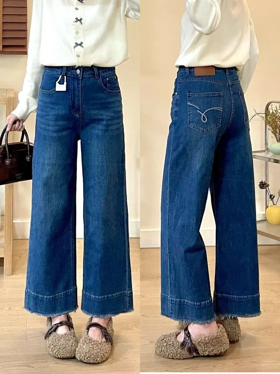 毛边直筒牛仔裤女款爆款2025秋季新款大码宽松显瘦小个子九分裤子