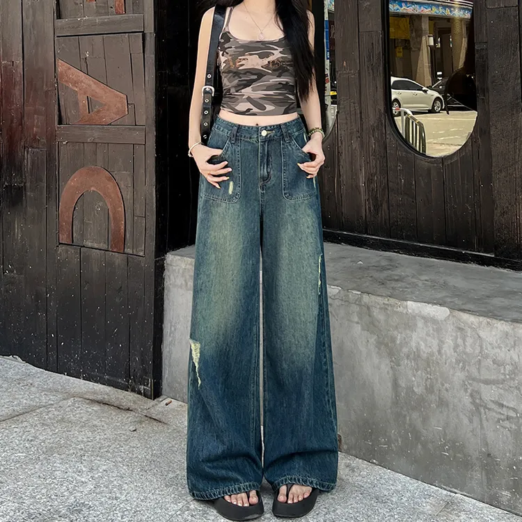 小个子破洞窄版直筒牛仔裤女2025年早秋高腰宽松复古百搭拖地阔腿