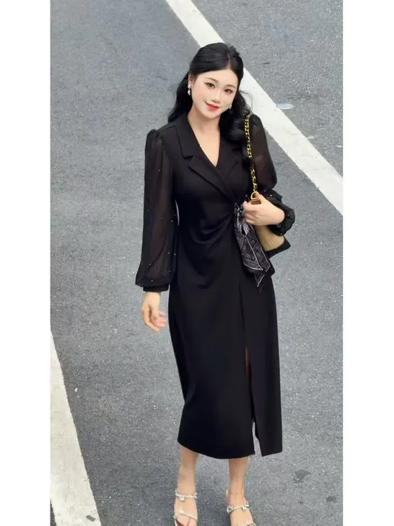【夜阑黛影】秋季法式大码显瘦轻奢高级感时尚气质修身连衣裙+丝巾