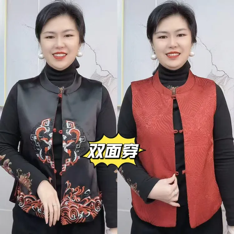 小兰女装新款中国风刺绣马甲【鸿运双面穿】时尚复古民族风网红马夹