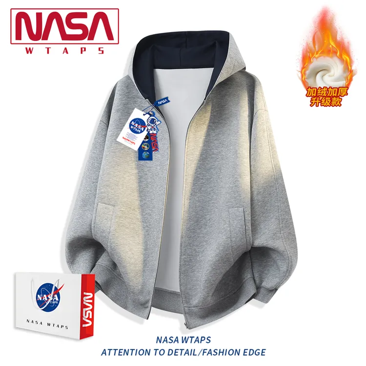NASA WTAPS撞色连帽卫衣男秋季2025新款灰色开衫外套简约上衣外套