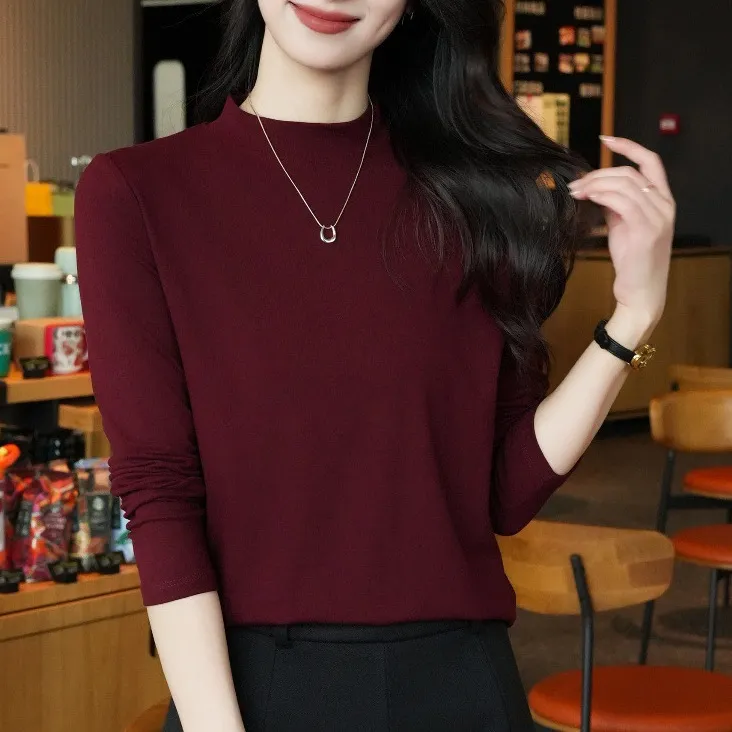 女士品质小立领打底衫可外穿秋冬款显瘦收腰气质纯色内搭长袖 黑