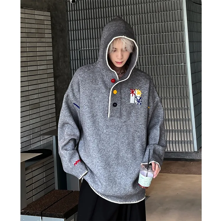 断字三色贴布绣连帽毛衣男女早秋慵懒风连帽套头衫彩色针织衫外套