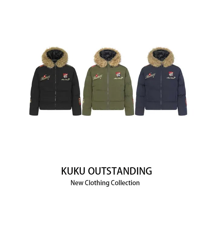 KUKU  美式复古刺绣徽章可拆卸毛领棉服男女冬季小众加厚保暖外套