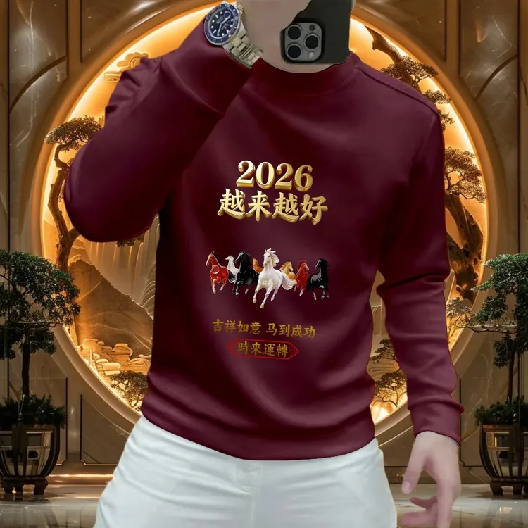 2026马年新款高质量国潮印花卫衣男秋冬圆领时尚百搭加绒男士上衣
