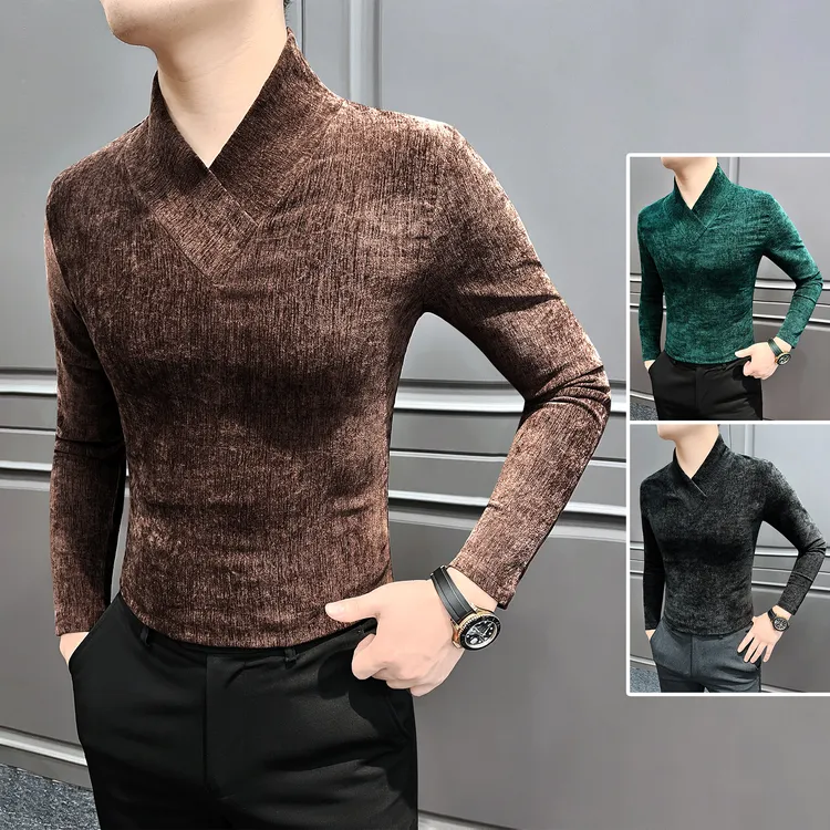 雪尼尔长袖v领打底衫男款秋冬爆款2025新款男装高级感男士休闲T恤