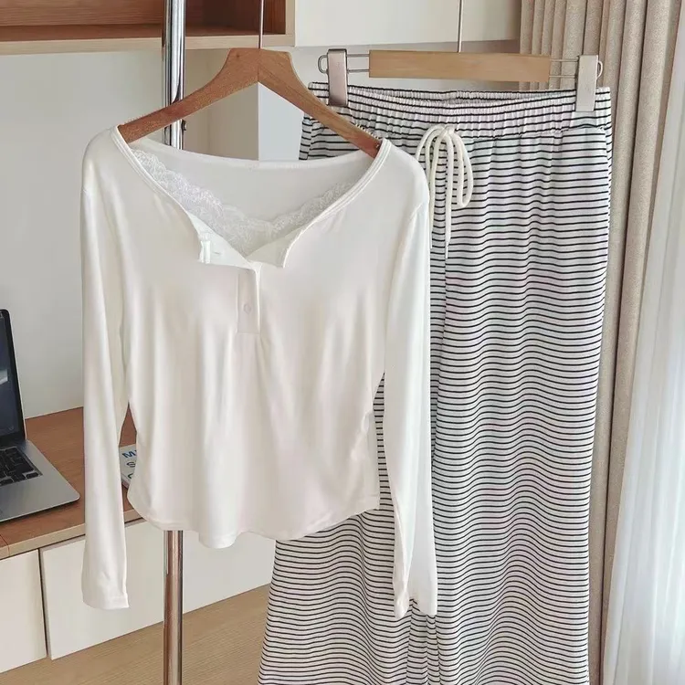 莫代尔棉睡衣女长袖长裤2025新款春秋甜美带胸垫可外穿家居服