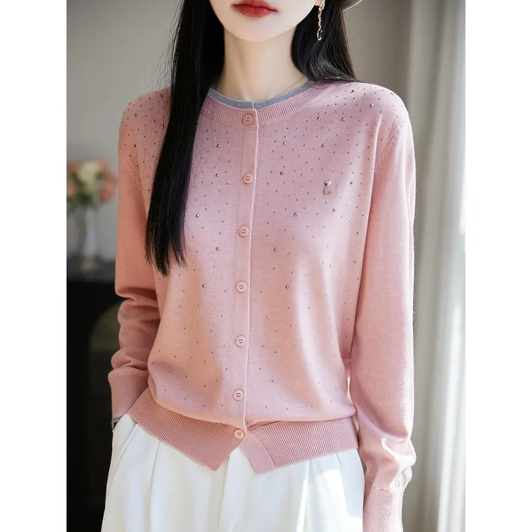 奥特莱斯品牌专柜镶钻精纺羊毛开衫女拼色假两件针织外套宽松毛衣