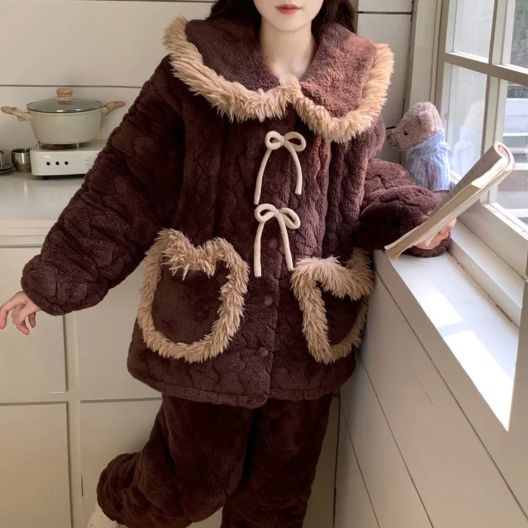 冬法兰绒睡衣女款爆款2025新款加绒加厚套装珊瑚绒三层夹棉家居服