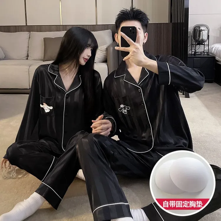 带胸垫黑色玉桂狗情侣冰丝薄套装长袖长裤睡衣男女可爱卡通家居服