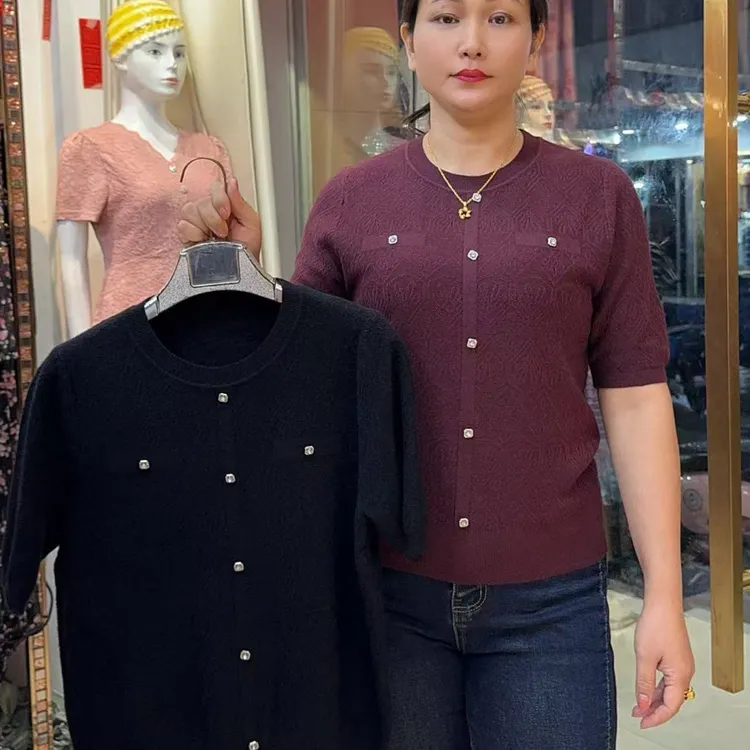 宽松型短袖针织女纯色夏季春季毛针织衫常规中袖圆领
