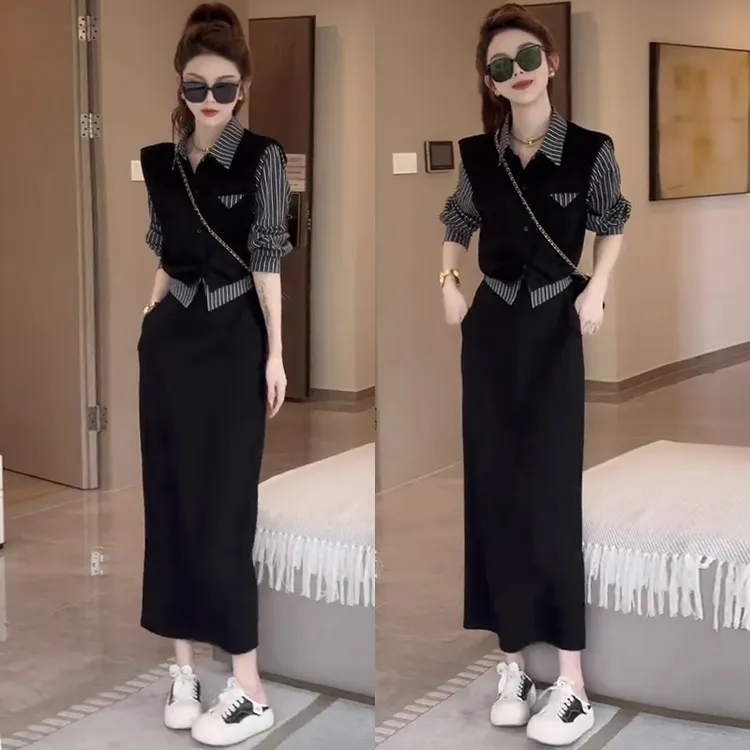 时尚套装裙2025春秋新款显瘦假两件条纹衬衫拼接马甲半身裙两件套