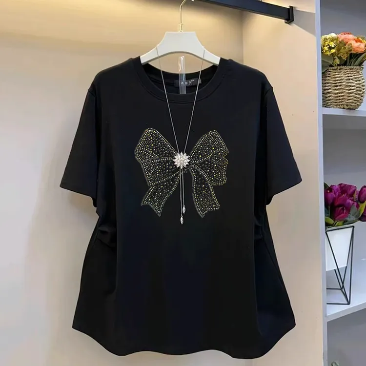 大码240斤重工蝴蝶结烫钻短袖T恤女夏季2025新款宽松显瘦洋气上衣