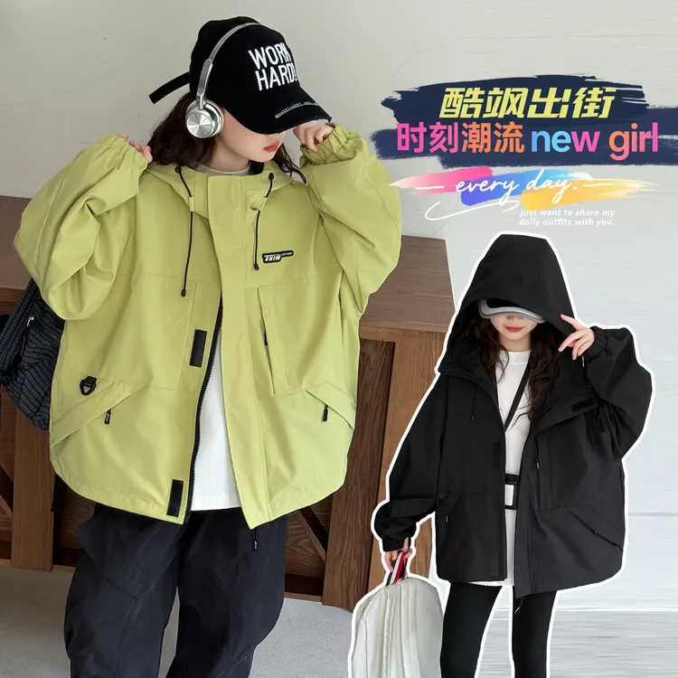 女童秋装新款纯色连帽冲锋衣中大童儿童装韩版女孩潮流洋气穿搭潮