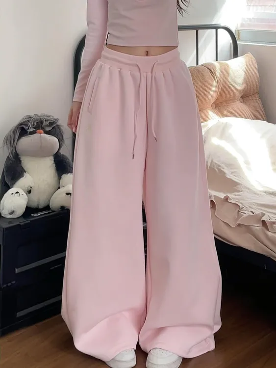 美式甜酷辣妹粉色阔腿加绒卫裤女宽松休闲慵懒街舞抽绳拖地长裤子