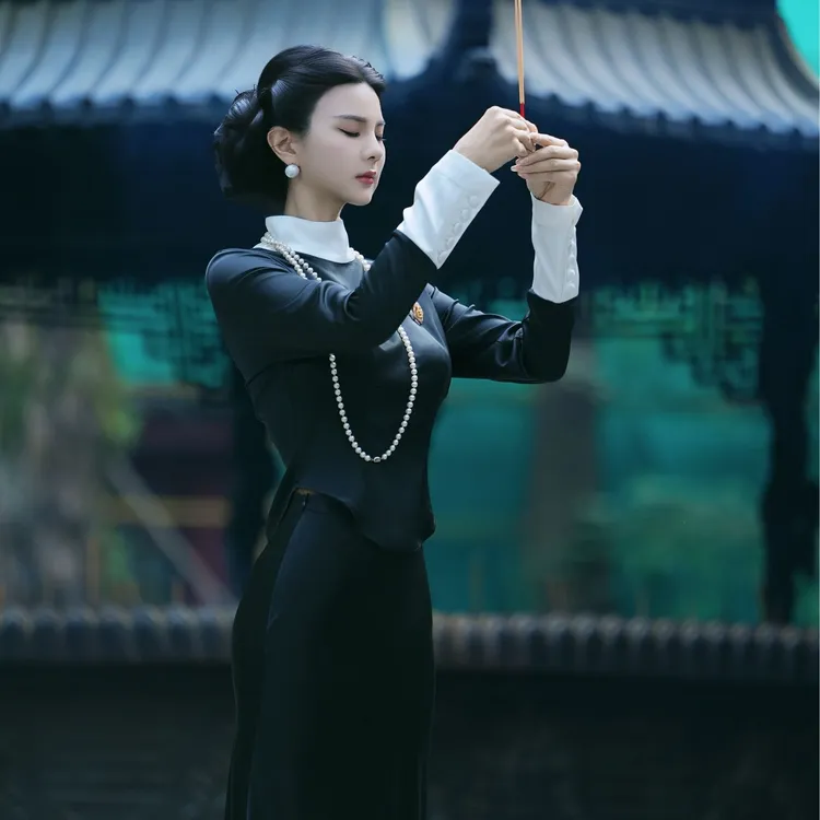 魏元高定/禅意中式套装复古时尚醋酸气质黑白拼色修身套装-1035