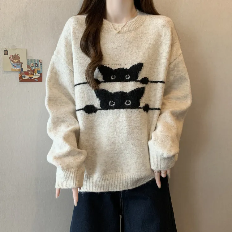 大码女装2025秋冬新款卡通猫咪圆领提花毛衣胖MM宽松显瘦百搭上衣