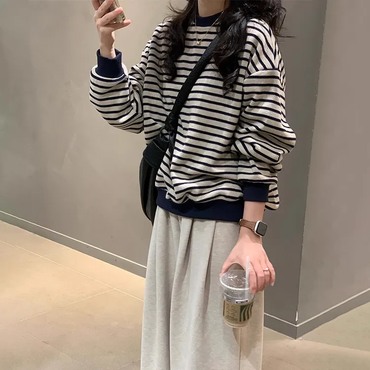 黑灰条纹薄款无帽卫衣女秋冬季新款美式复古小个子休闲设计感上衣