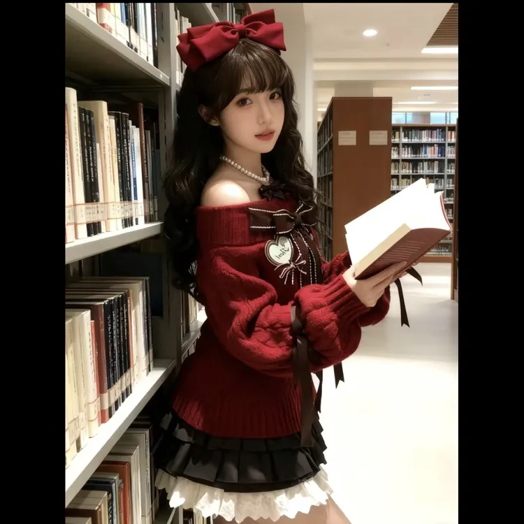 韩系甜美温柔风红色蝴蝶结针织衫搭配半身裙套装显瘦小众