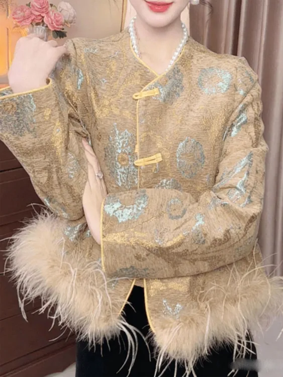 重工刺绣外套2025年秋冬百搭Q新款减龄毛茸茸上衣新中式宽松大码