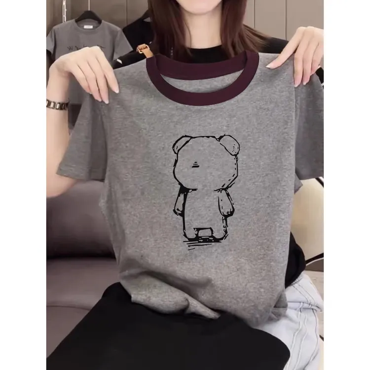 2025新款正肩纯棉短袖t恤女ins休闲百搭插色洋气撞色灰色上衣夏季