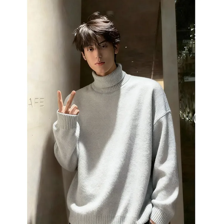 cleanfit灰色高领毛衣男款冬季加绒加厚打底针织衫内搭重磅毛线衣