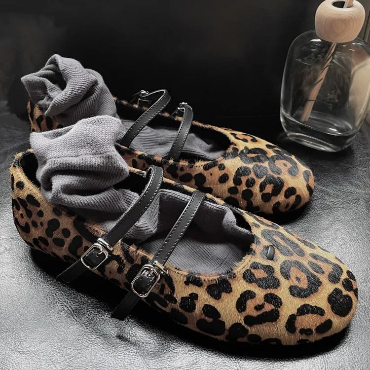 玛丽珍豹纹双带时尚低跟圆头单鞋休闲复古