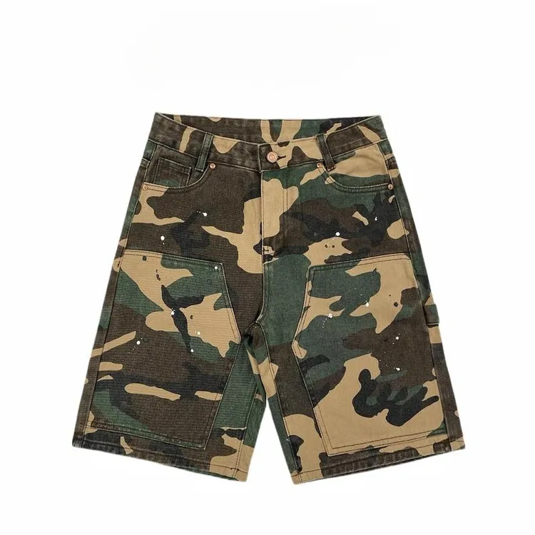 美式工装迷彩牛仔短裤高级泼墨牛仔五分短裤宽松休闲潮牌时尚中裤