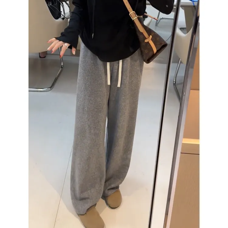 加绒垂感直筒糯米裤女秋冬软糯垂感窄版阔腿裤显瘦休闲拖地长裤