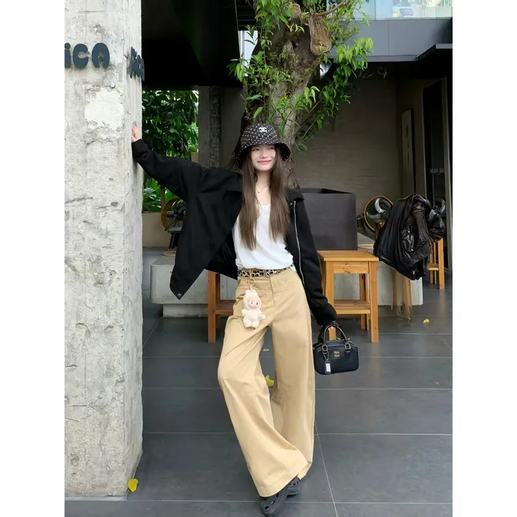 街头少女~早秋新款韩版基础穿搭宽松设计感长裤Y3639
