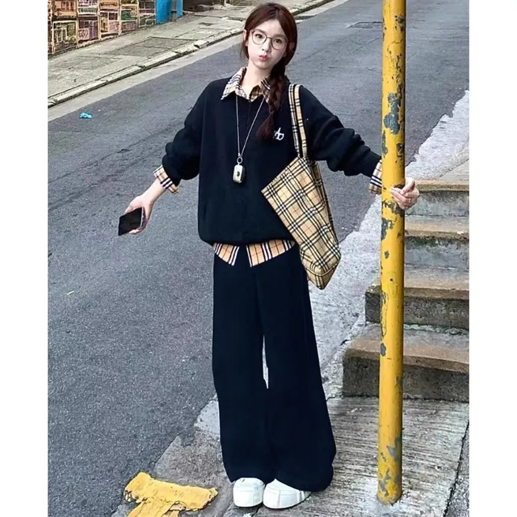 美式学院风运动套装女春秋显瘦假两件卫衣宽松学生休闲两件套时尚