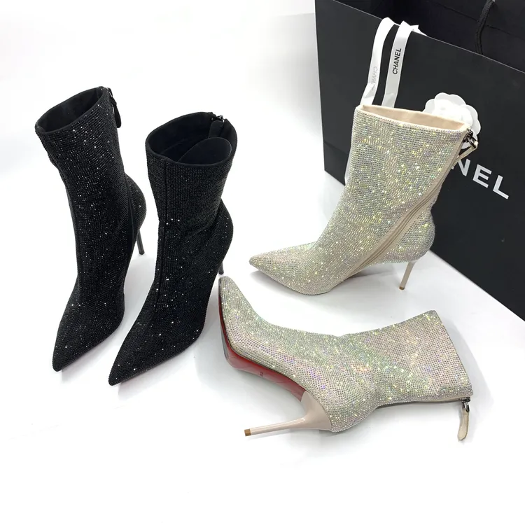 【雪荣女鞋】8-9厘米满钻侧拉链时装中筒靴高温烫钻靴子RY661-52